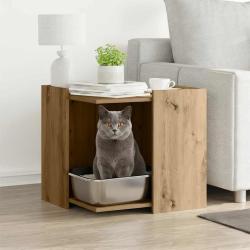 Meuble de bac &agrave; liti&egrave;re pour chat ch&ecirc;ne artisanal 53x53x51 cm