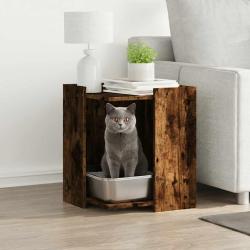 Meuble de bac &agrave; liti&egrave;re pour chat ch&ecirc;ne fum&eacute; bois d'ing&eacute;nierie