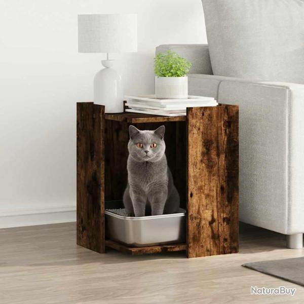 Meuble de bac � liti�re pour chat ch�ne fum� bois d'ing�nierie