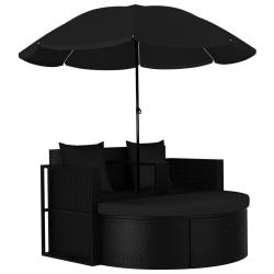 Lit de jardin avec parasol R&eacute;sine tress&eacute;e Noir