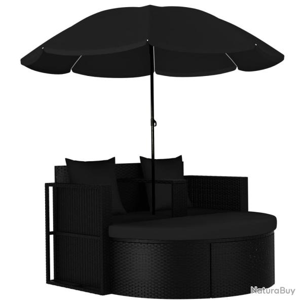 Lit de jardin avec parasol R�sine tress�e Noir