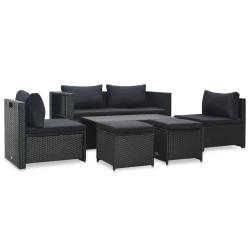 Salon de jardin 6 pcs avec coussins r&eacute;sine tress&eacute;e noir