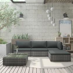 Salon de jardin 5 pcs avec coussins r&eacute;sine tress&eacute;e gris