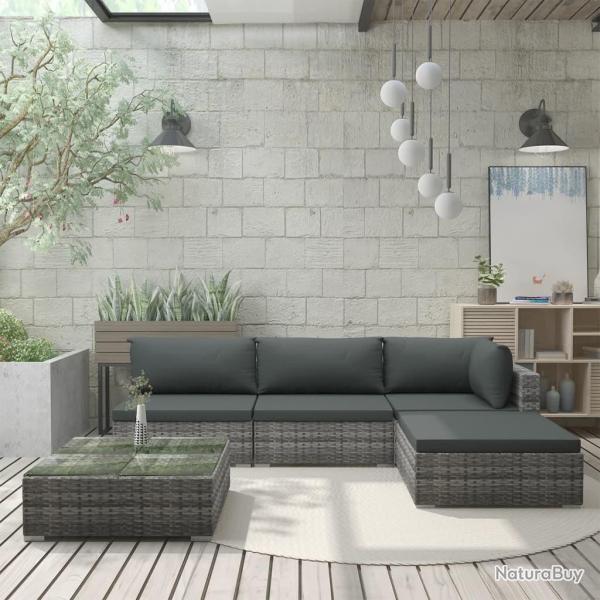 Salon de jardin 5 pcs avec coussins r�sine tress�e gris