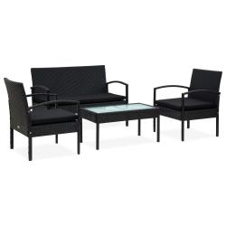 Salon de jardin 4 pcs avec coussins R&eacute;sine tress&eacute;e Noir