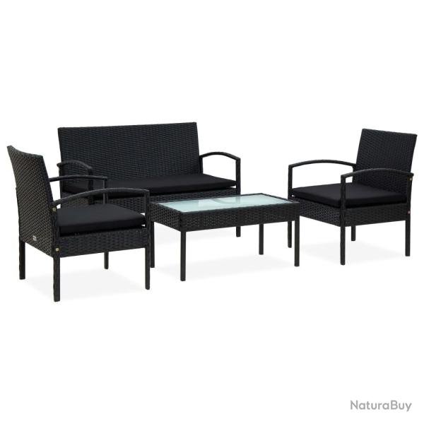 Salon de jardin 4 pcs avec coussins R�sine tress�e Noir