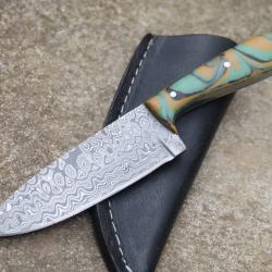 Couteau Skinner Lame Acier Damas 256 Couches Bubble Manche Pistache Etui SimiliCuir Fab Artisanale