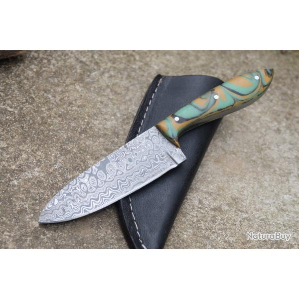 Couteau Skinner Lame Acier Damas 256 Couches Bubble Manche Pistache Etui SimiliCuir Fab Artisanale