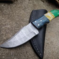 Couteau Skinner Damas Lame Upswept Acier 256 Couches Manche Bois&R&eacute;sine Etui Cuir Fabric Artisanale