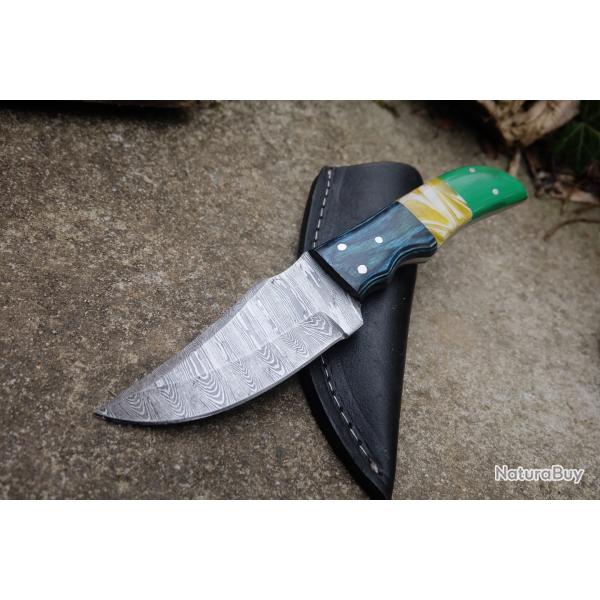 Couteau Skinner Damas Lame Upswept Acier 256 Couches Manche Bois&R�sine Etui Cuir Fabric Artisanale