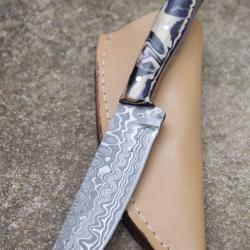 Couteau Skinner Lame Acier Damas 256 Couches Bubble Manche Ghost Etui SimiliCuir Fab Artisanale 02