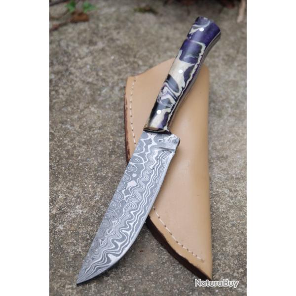 Couteau Skinner Lame Acier Damas 256 Couches Bubble Manche Ghost Etui SimiliCuir Fab Artisanale 02
