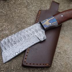 Couteau Skinner Damas Lame Butcher Acier 256 Couches Martel&eacute;e Manche 2 Bois Etui Cuir Fab Artisan 02