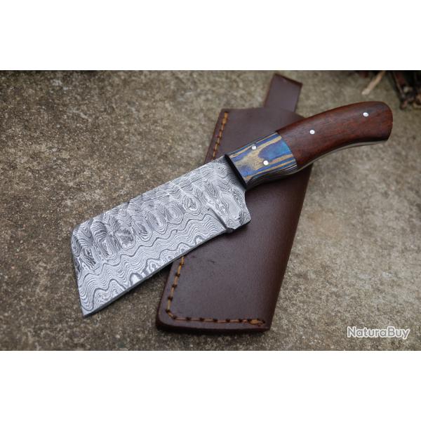 Couteau Skinner Damas Lame Butcher Acier 256 Couches Martel�e Manche 2 Bois Etui Cuir Fab Artisan 02