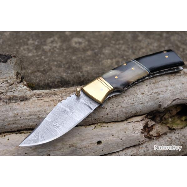 Beau Couteau Damas Lame Drop Point 128 Couches Manche B�lier & R�sine Fabric Artisanale Linerlock 00