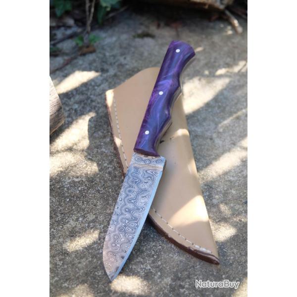 Couteau Skinner de Poche Lame Acier Damas 256 Couches Manche Purple Etui SimiliCuir Fab Artisanale01