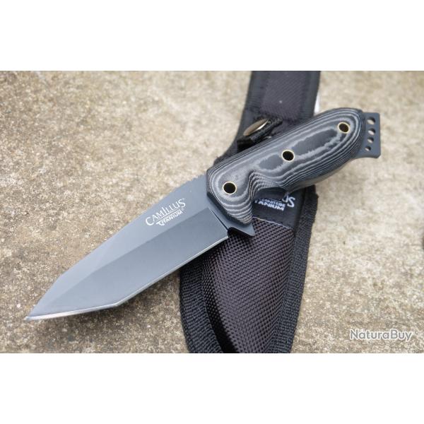 Couteau Camillus Lame Tanto Acier AUS-8 Carbonitride Titanium Manche Micarta Housse Nylon Tactical