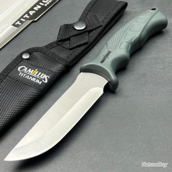 Couteau Skinner Bowie Camillus Titanium Lame Acier 3Cr13 Manche Abs Etui Nylon Survie Treck