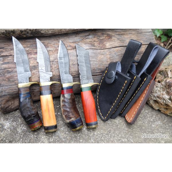 LOT DE 4 Couteau Skinner Damas Lame 256 Couches Manche Bois /Corne / Os Fabric Artisanale Etui CuirA