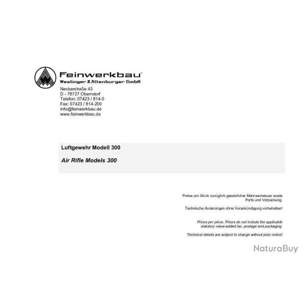 notice carabine FEINWERKBAU 300 (envoi par mail) - VENDU PAR JEPERCUTE (m2759)