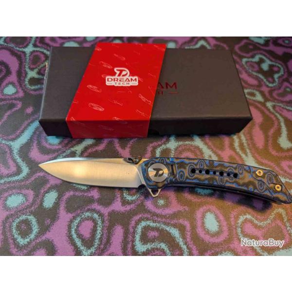 Couteau Dreamtech Lame Drop Point Acier 14C28N Satin Manche Micarta Bleu Liner Lock DTK3610MBL