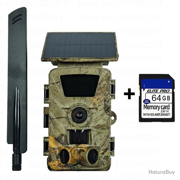 Cam�ra de Chasse 4G LTE Solaire 60MP 5K Vision Nocturne PIR IP66 Surveillance Faune PR903G  64G SD