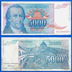 Yougoslavie 5000 Dinars 1994 Prefixe AA Billet Dinara Montagne