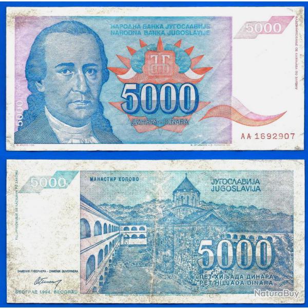 Yougoslavie 5000 Dinars 1994 Prefixe AA Billet Dinara Montagne