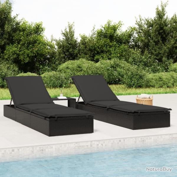 Transats 2 pcs avec table noir r�sine tress�e