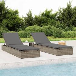 Transats 2 pcs avec table gris r&eacute;sine tress&eacute;e