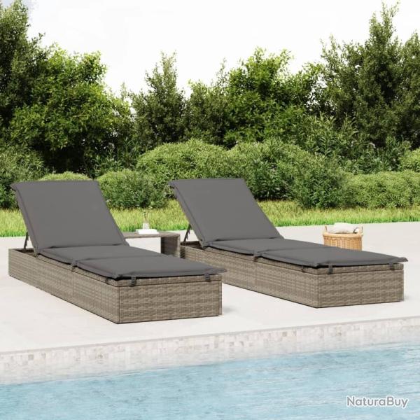 Transats 2 pcs avec table gris r�sine tress�e