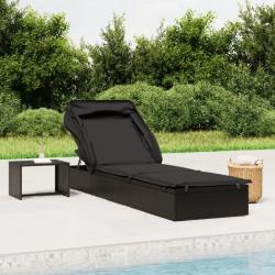 Transat avec toit pliable noir 213x63x97 cm r&eacute;sine tress&eacute;e