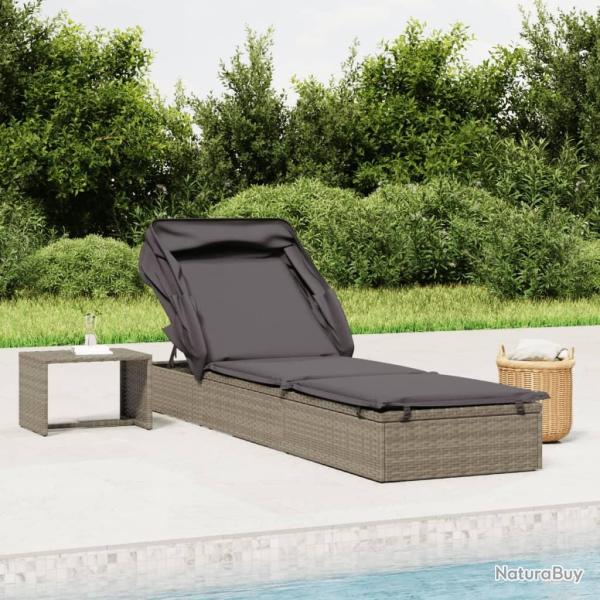 Transat avec toit pliable gris 213x63x97 cm r�sine tress�e