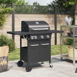 Barbecue gril &agrave; gaz avec 4 br&ucirc;leurs noir acier enduit de poudre