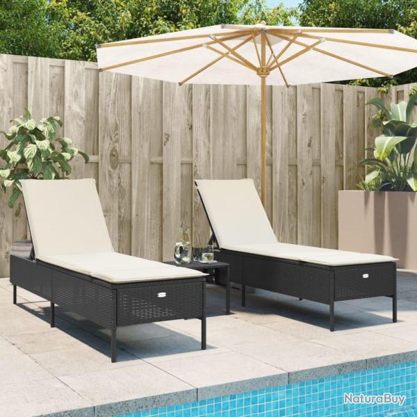 Ensemble de chaises longues avec coussins 3 pcs noir poly rotin
