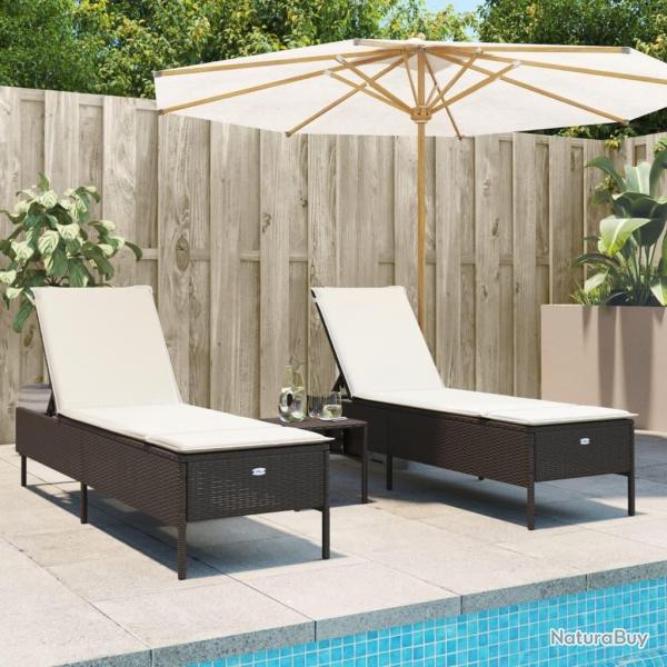 Ensemble de chaises longues et coussins 3 pcs marron poly rotin