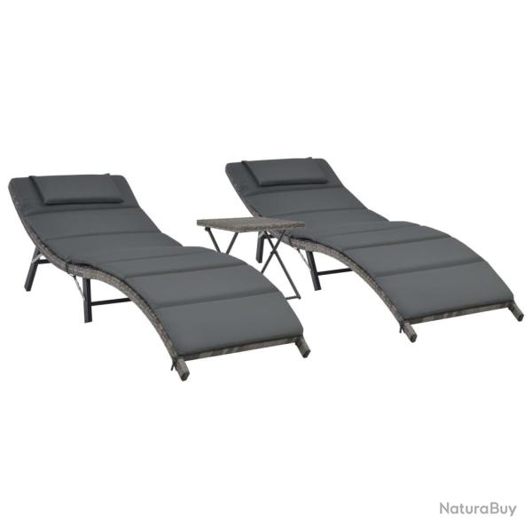 Salon de jardin pliable 3 pcs R�sine tress�e Gris