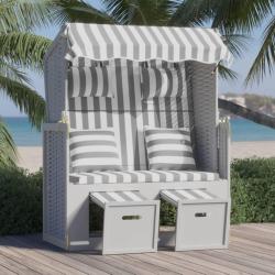 Strandkorb avec coussins R&eacute;sine tress&eacute;e bois solide gris blanc