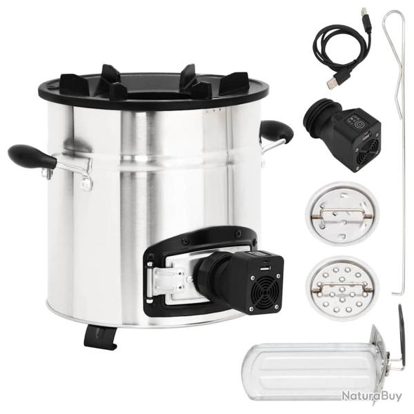 Po�le � bois avec ventilateur USB Argent� 35,5x26x28 cm Inox
