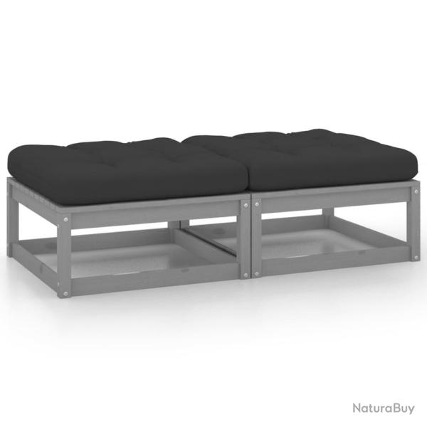 Repose-pieds de jardin avec coussins lot de 2 Gris Bois de pin