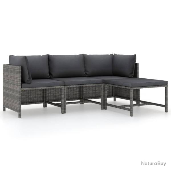 Salon de jardin 4 pcs avec coussins R�sine tress�e Gris
