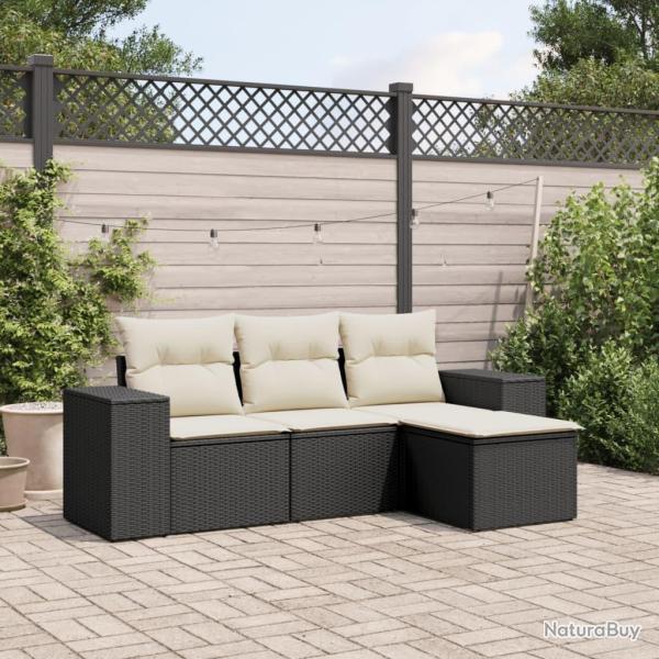 Salon de jardin 4 pcs avec coussins noir r�sine tress�e