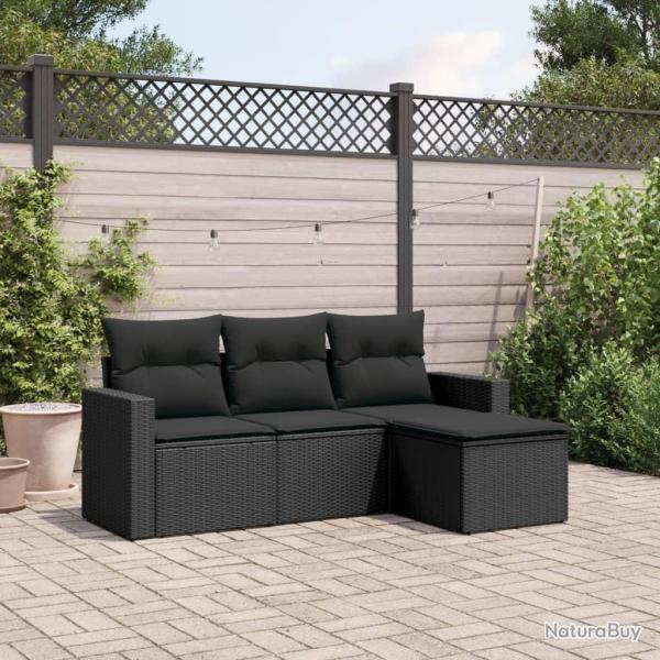 Salon de jardin 4 pcs avec coussins noir r�sine tress�e