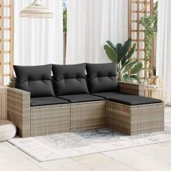 Salon de jardin 4 pcs avec coussins gris clair r&eacute;sine tress&eacute;e