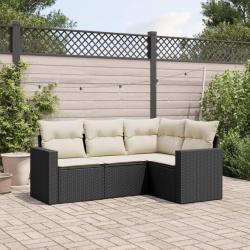 Salon de jardin 4 pcs avec coussins noir r&eacute;sine tress&eacute;e