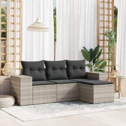 Salon de jardin 4 pcs avec coussins gris clair r&eacute;sine tress&eacute;e