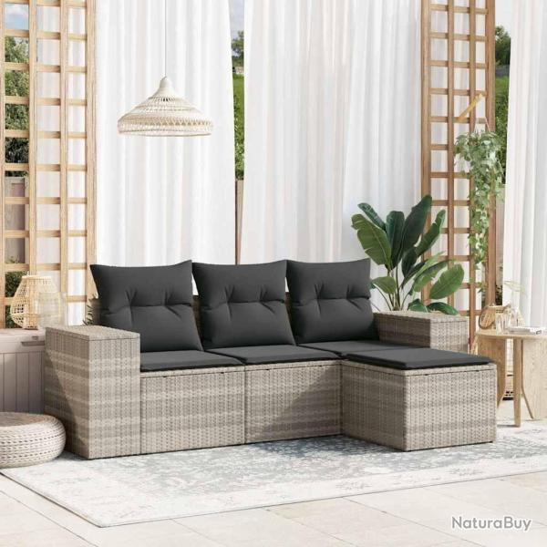 Salon de jardin 4 pcs avec coussins gris clair r�sine tress�e