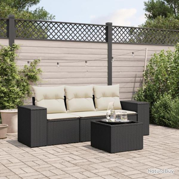 Salon de jardin 4 pcs avec coussins noir r�sine tress�e