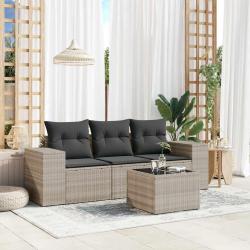 Salon de jardin 4 pcs avec coussins gris clair r&eacute;sine tress&eacute;e