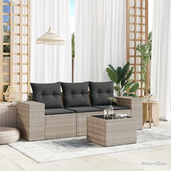 Salon de jardin 4 pcs avec coussins gris clair r�sine tress�e